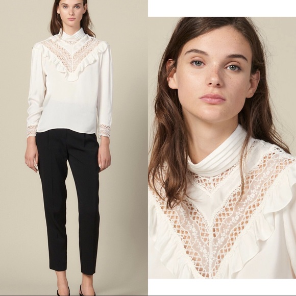 ❌SOLD❌Sandro high neck ruffle lace inset top - Picture 3 of 14